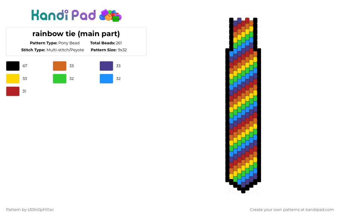 rainbow tie (main part) - Pony Bead Pattern by s3l3n0ph1l1ac on Kandi Pad - red,orange,yellow,colorful,rainbow,tie,black
