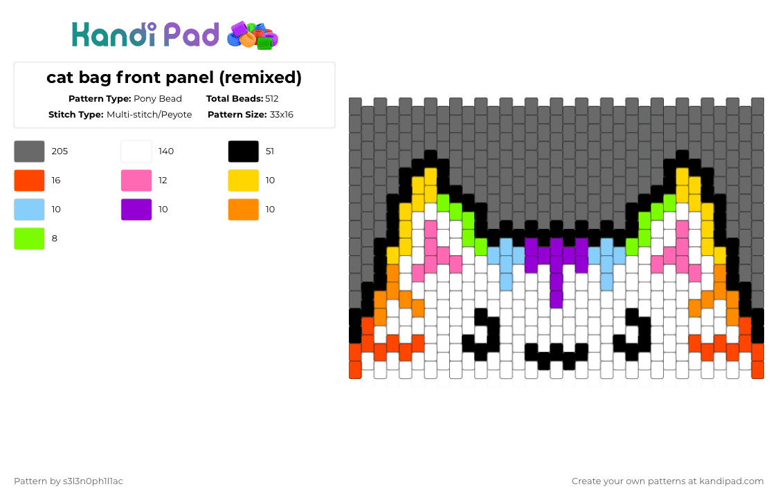 cat bag front panel (remixed) - Pony Bead Pattern by s3l3n0ph1l1ac on Kandi Pad - gray,bag,rainbow,white,scene,cat