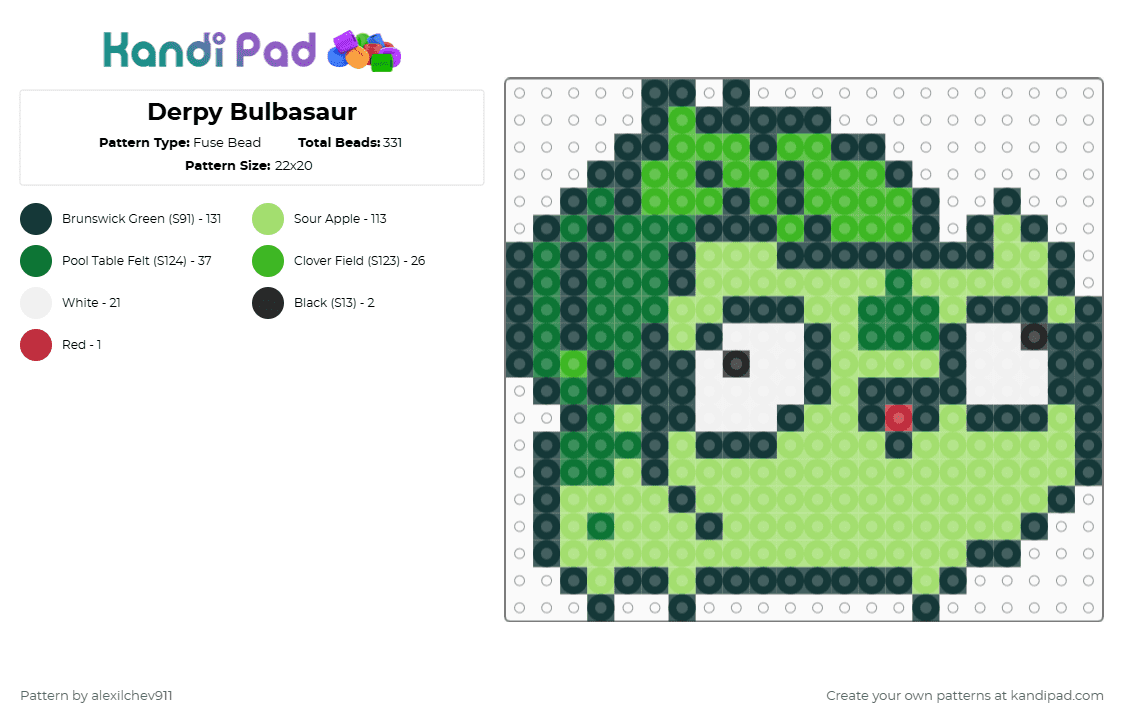 Derpy Bulbasaur - Fuse Bead Pattern by alexilchev911 on Kandi Pad - green