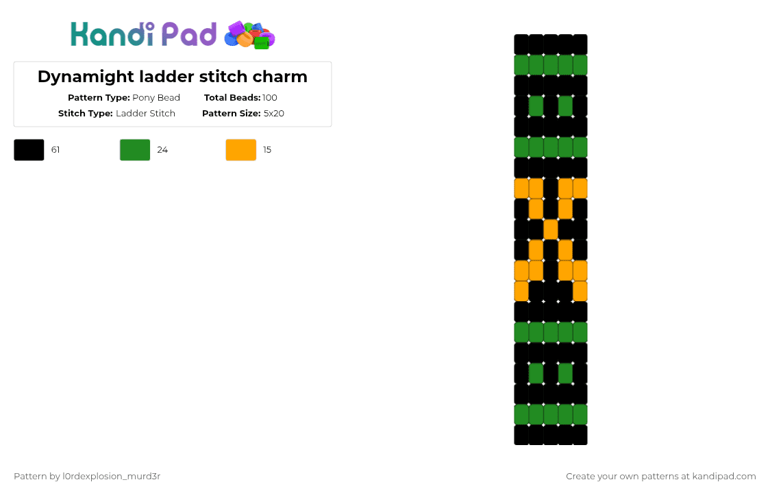 Dynamight ladder stitch charm - Pony Bead Pattern by l0rdexplosion_murd3r on Kandi Pad - green,orange,my hero academia,katsuki bakugou,mha,boku no here academia,dynamight