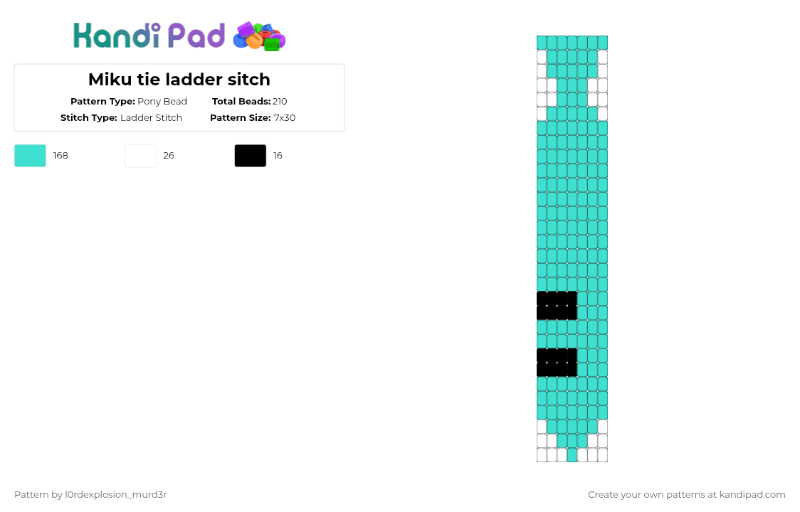 Miku tie ladder sitch - Pony Bead Pattern by l0rdexplosion_murd3r on Kandi Pad - light blue,miku,hatsune miku,vocaloid,kandi tie