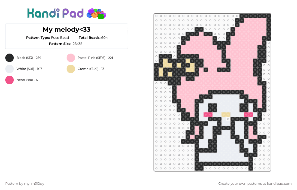 My melody - Fuse Bead Pattern by my_m3l0dy on Kandi Pad - pink,rushed,mymelody