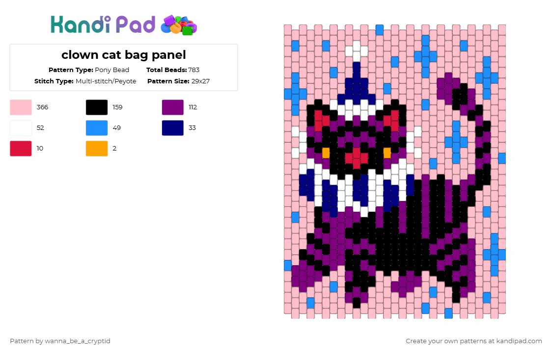 clown cat bag panel - Pony Bead Pattern by wanna_be_a_cryptid on Kandi Pad - pink