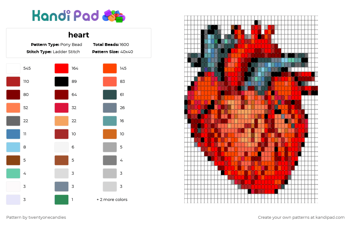 heart - Pony Bead Pattern by twentyonecandies on Kandi Pad - white,gray,red,orange