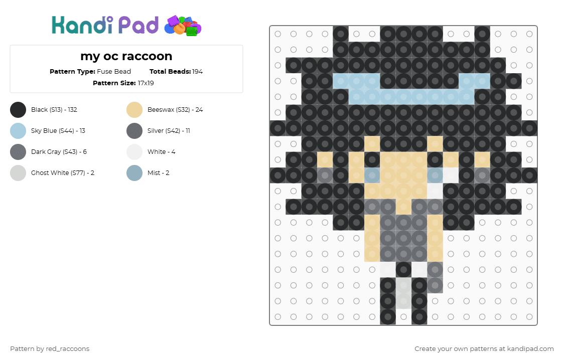 my oc raccoon - Fuse Bead Pattern by red_raccoons on Kandi Pad - black,beige