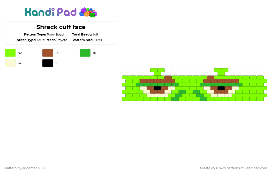 Shreck cuff face - Pony Bead Pattern by dudeman3800 on Kandi Pad - green