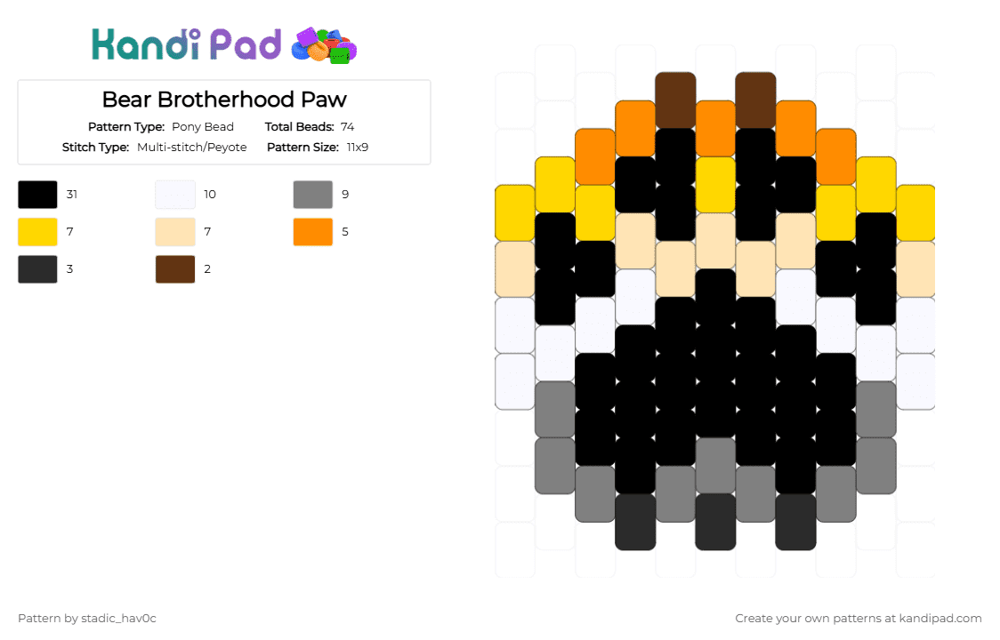 Bear Pride Paw - Pony Bead Pattern by stadic_hav0c on Kandi Pad - black,yellow,beige,gray,bear brotherhood,pride,gay,paw