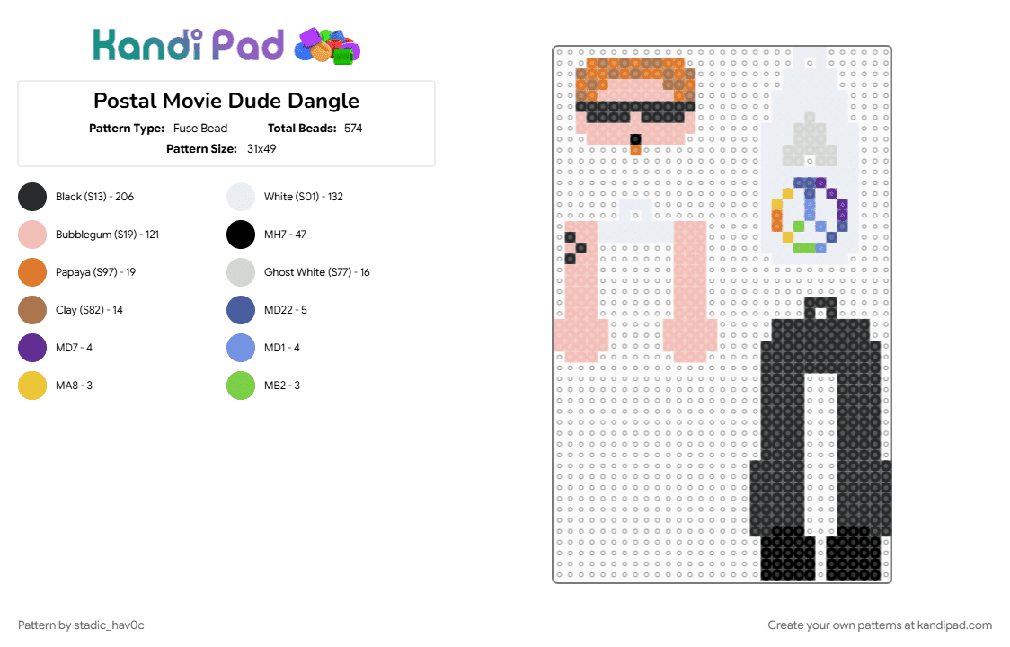 Postal Movie Dude Dangle - Fuse Bead Pattern by stadic_hav0c on Kandi Pad - beige, black, dangle, keychain, pm dude, postal, postal dude, postal movie, postal movie dude, postalm dude, white
