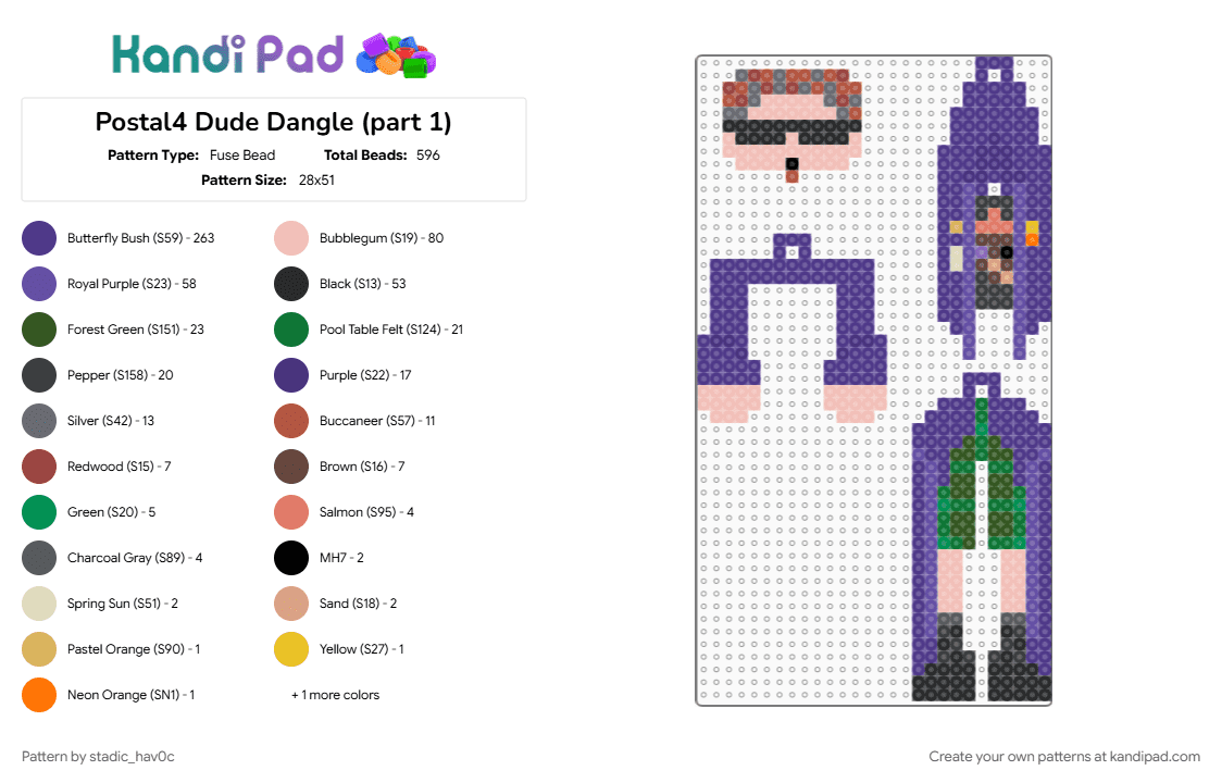 Postal4 Dude Dangle (part 1) - Fuse Bead Pattern by stadic_hav0c on Kandi Pad - beige, dangle, no regerts, p4, p4 dude, postal, postal 4, postal 4 dude, postal dude, purple
