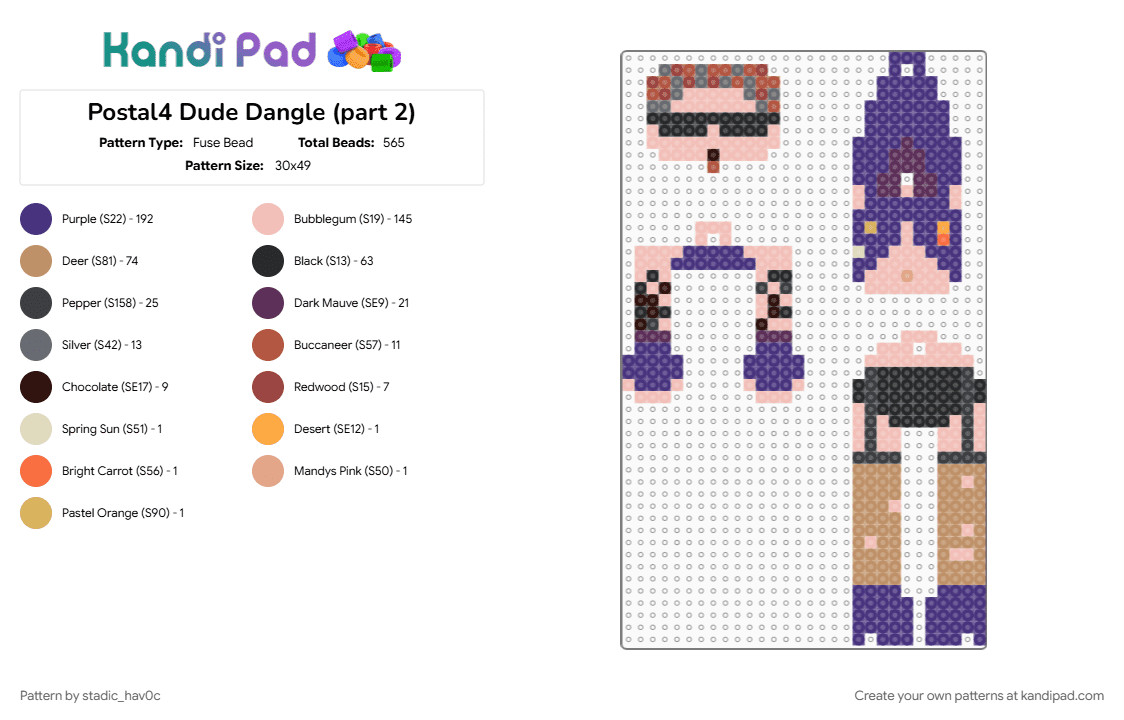 Postal4 Dude Dangle (part 2) - Fuse Bead Pattern by stadic_hav0c on Kandi Pad - beige, no regerts, p4, p4 dude, postal, postal 4, postal 4 dude, postal dude, postal4, purple, tan