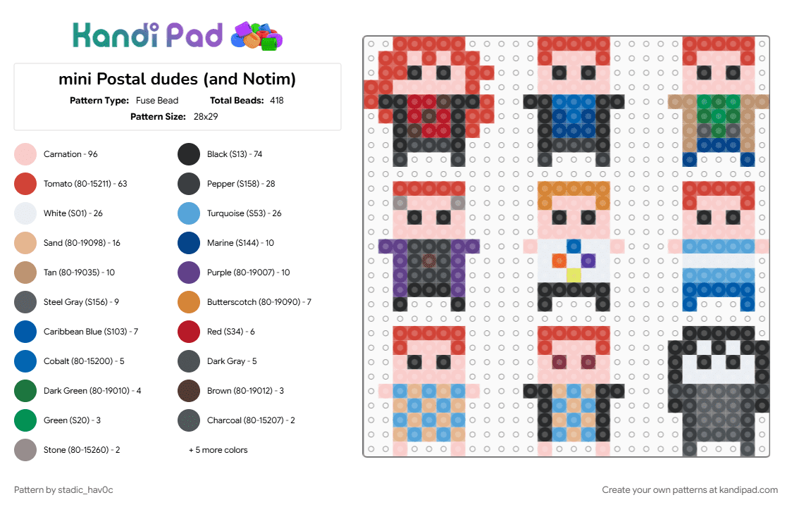 mini Postal dudes (and Notim) - Fuse Bead Pattern by stadic_hav0c on Kandi Pad - beige, charms, hatred, light blue, mini, mini charms, notim, notim portant, postal, postal dude, red