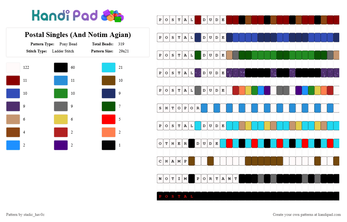 Postal Singles (And Notim Agian) - Pony Bead Pattern by stadic_hav0c on Kandi Pad - 