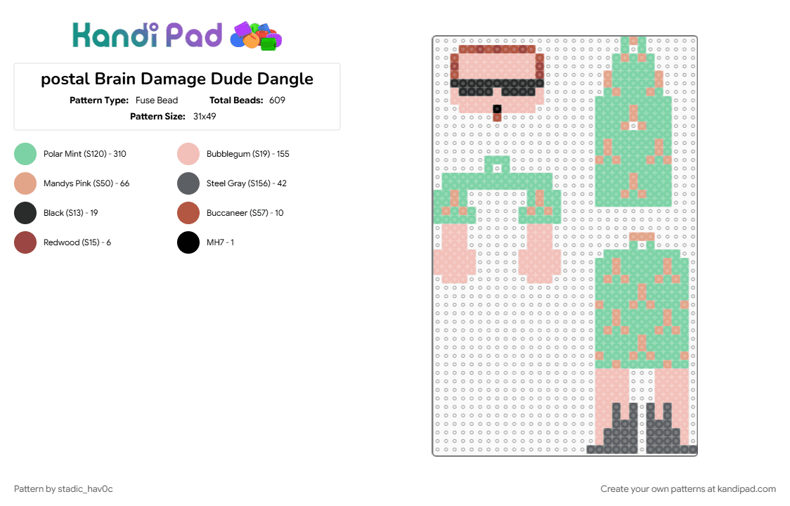 postal Brain Damage Dude Dangle - Fuse Bead Pattern by stadic_hav0c on Kandi Pad - bd dude, beige, brain damage, dangle, postal, postal bd, postal bd dude, postal brain damage, postal dude, teal