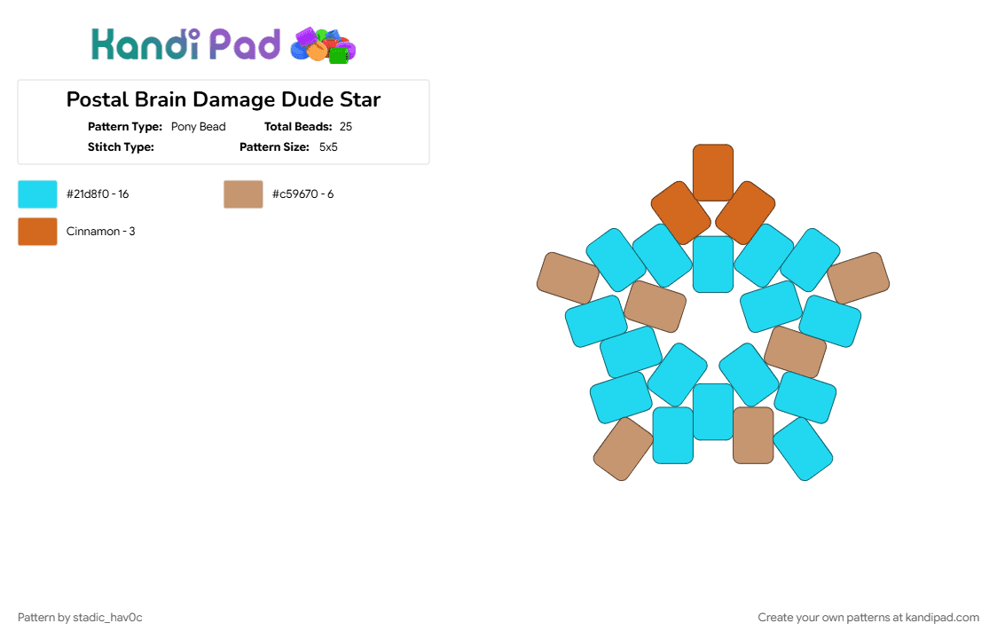 Postal Brain Damage Dude Star - Pony Bead Pattern by stadic_hav0c on Kandi Pad - brain damage, light blue, postal, postal bd, postal bd dude, postal brain damage, postal dude