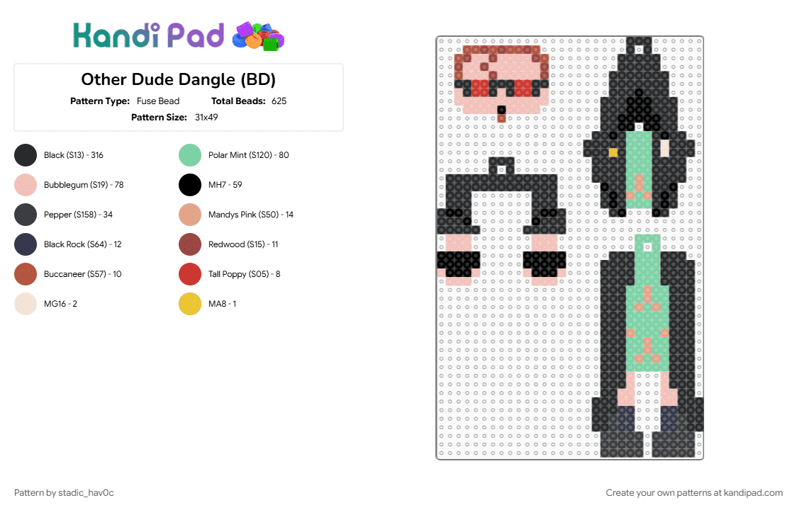 Other Dude Dangle (BD) - Fuse Bead Pattern by stadic_hav0c on Kandi Pad - beige, black, brain damage, dangle, keychain, other dude, postal, postal brain damage, postal dude, postal other dude, teal