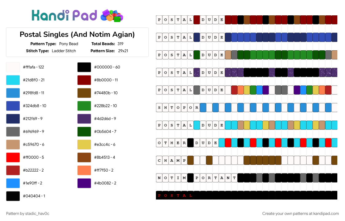 Postal Singles (And Notim Agian) - Pony Bead Pattern by stadic_hav0c on Kandi Pad - colorful, green, hatred, notim, notim portant, postal, postal dude, red, singles, white