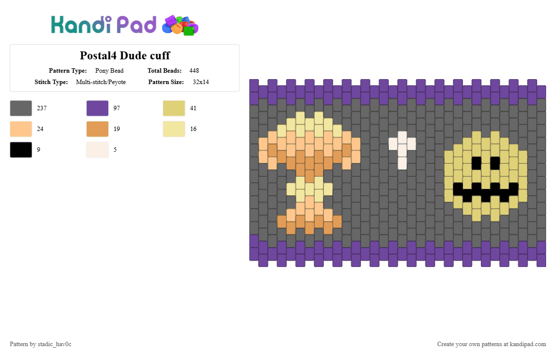 Postal4 Dude cuff - Pony Bead Pattern by stadic_hav0c on Kandi Pad - gray,purple,postal,cuff,postal dude,postal 4,p4,p4 dude,postal4 dude