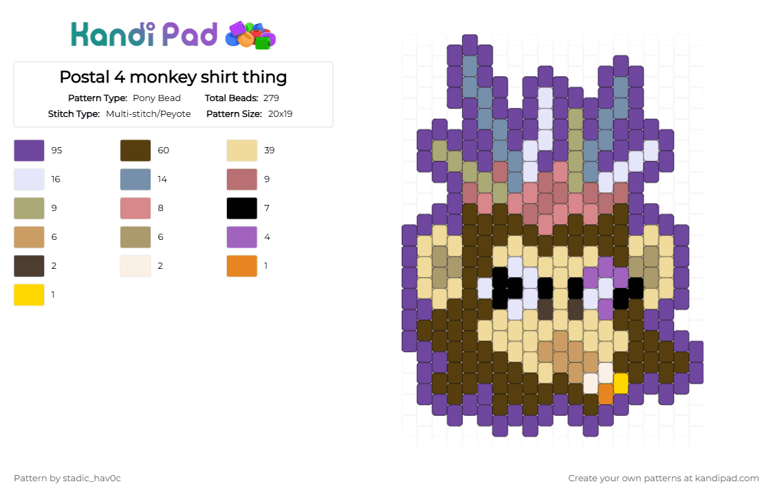 Postal 4 monkey shirt thing - Pony Bead Pattern by stadic_hav0c on Kandi Pad - brown,beige,purple,postal 4,postal,postal dude,monkey,p4,p4 dude,charm,keychain