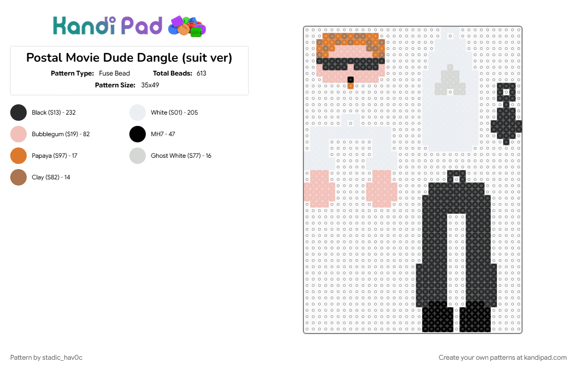 Postal Movie Dude Dangle (suit ver) - Fuse Bead Pattern by stadic_hav0c on Kandi Pad - beige, dangle, keychain, pm dude, postal, postal dude, postal movie, postal movie dude, postalm dude, white