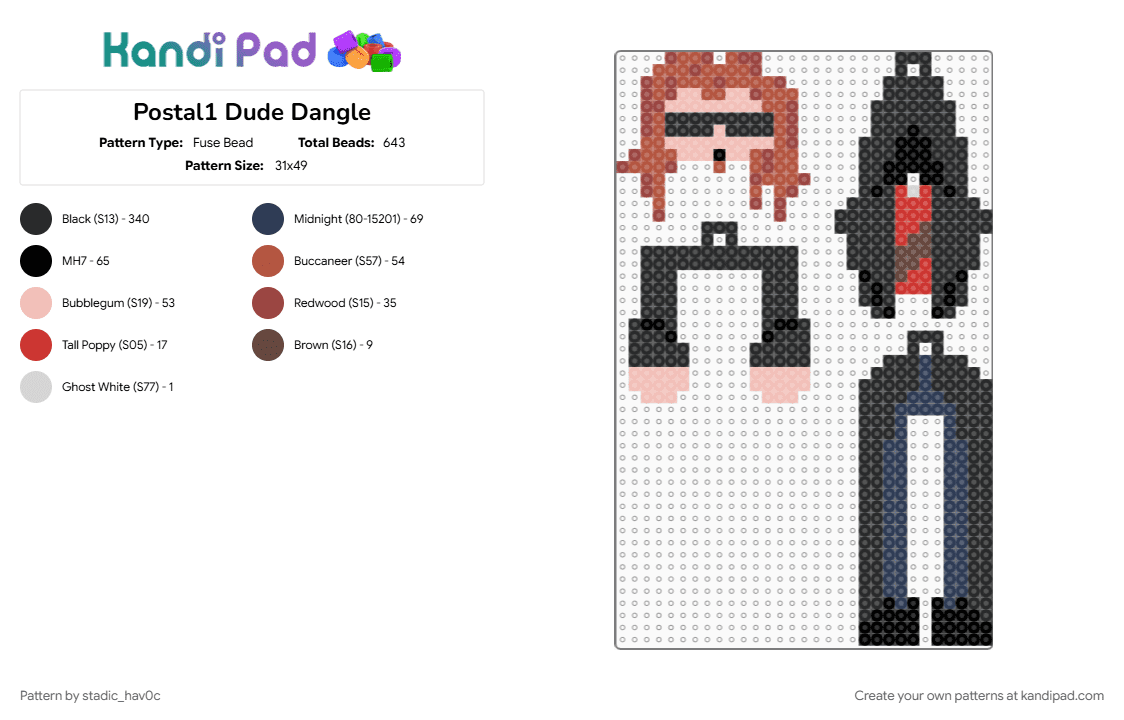 Postal1 Dude Dangle - Fuse Bead Pattern by stadic_hav0c on Kandi Pad - black, dangle, p1, p1 dude, postal, postal 1, postal 1 dude, postal classic, postal dude, purple, red