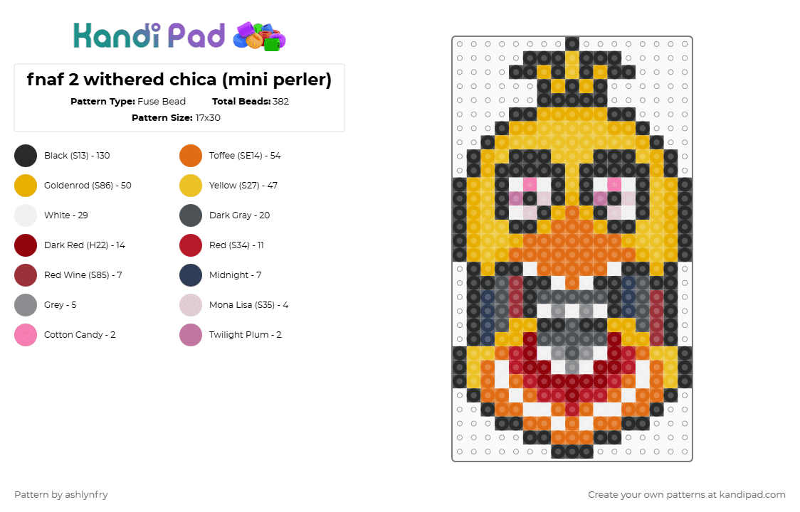 FNAF 2 withered chica (mini perler) - Fuse Bead Pattern by ashlynfry on Kandi Pad - orange,yellow,fnaf,fnaf 2,five nights at freddys,five nights at freddys 2,chica,withered chica,withered,chica the chicken