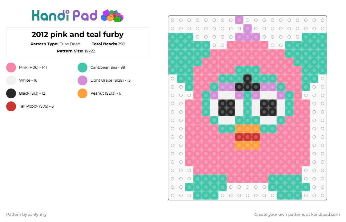2012 pink and teal furby - Fuse Bead Pattern by ashlynfry on Kandi Pad - pink,teal,furby,2012,y2k,retro,2012 furby,weirdcore,2000s,2010s