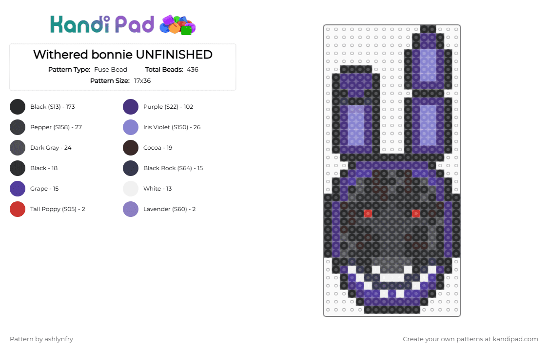 FNAF 2 withered Bonnie (Mini perler) - Fuse Bead Pattern by ashlynfry on Kandi Pad - black,purple,fnaf,fnaf 2,bonnie,animatronic,tech,five nights at freddys,withered,five nights at freddys 2