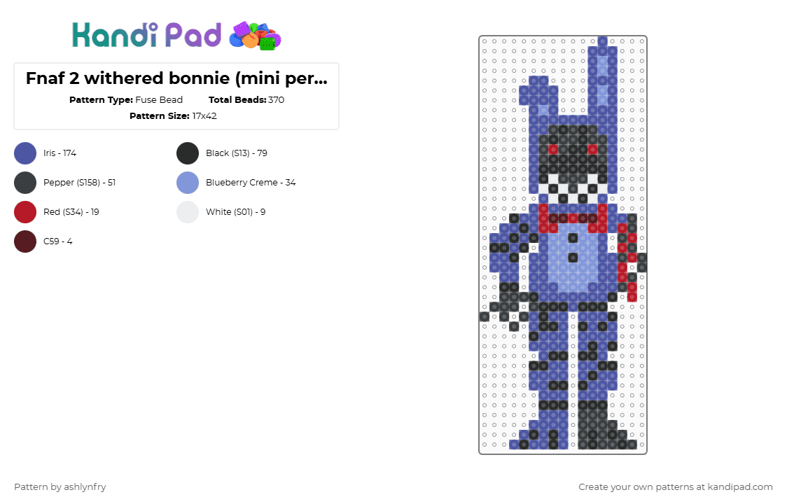 FNAF 2 withered bonnie (mini perler) - Fuse Bead Pattern by ashlynfry on Kandi Pad - purple,fnaf,five nights at freddys,fnaf 2,five nights at freddys 2,bonnie,withered bonnie,withered,bonnie the bunny