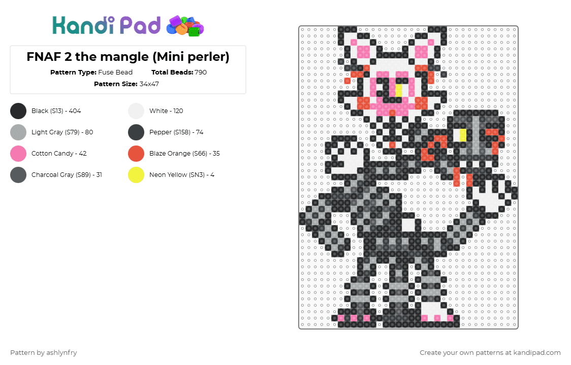 FNAF 2 the mangle (Mini perler) - Fuse Bead Pattern by ashlynfry on Kandi Pad - black,gray,fnaf,five nights at freddys,mangle,the mangle,fnaf 2,five nights at freddys 2,foxy,funtime foxy