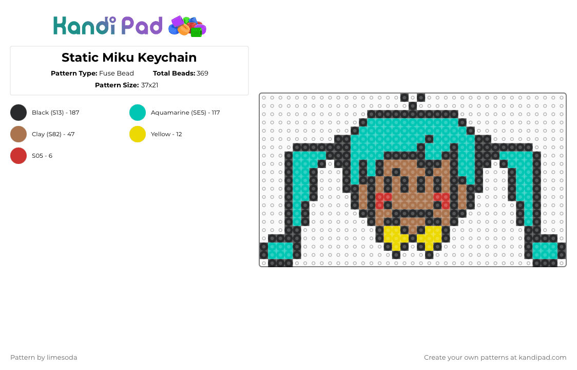 Static Miku Keychain - Fuse Bead Pattern by limesoda on Kandi Pad - black,tan,teal,static,miku,hatsune,vocaloid,vocal,synth,teto,song