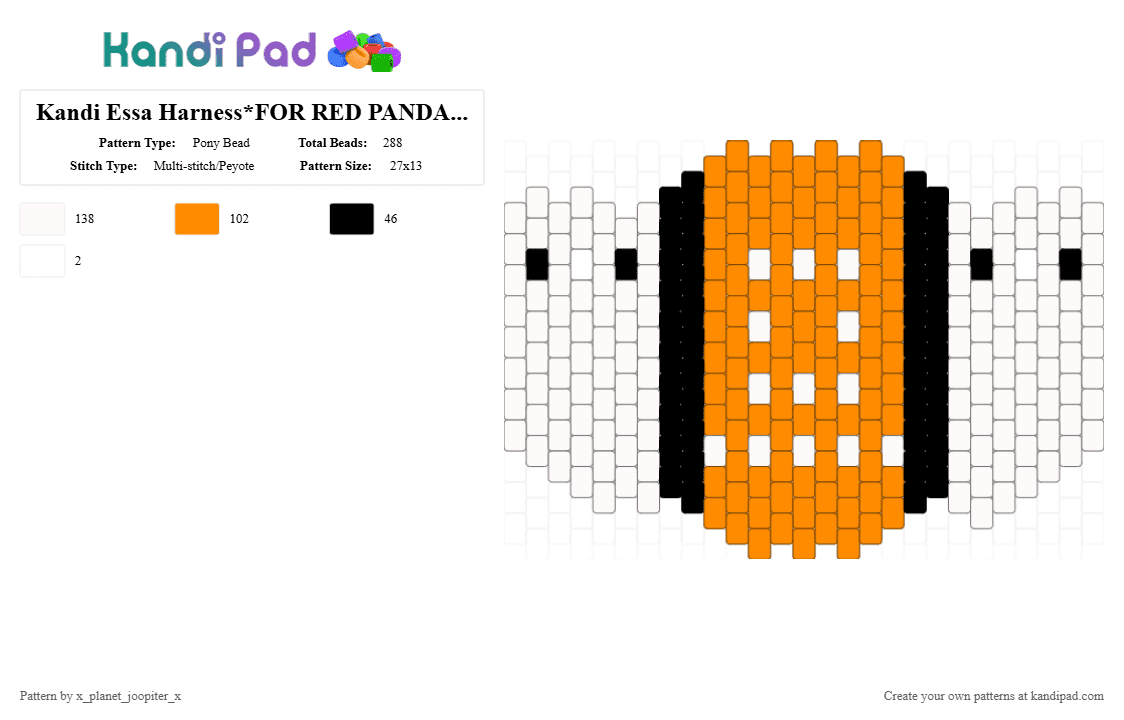 Kandi Essa Harness*FOR RED PANDA+ADJUSTABLE(how in desc) - Pony Bead Pattern by x_planet_joopiter_x on Kandi Pad - accessories, beads, cute, emotional support stuffed anim, essa, harness, kandi, orange, redpanda, white