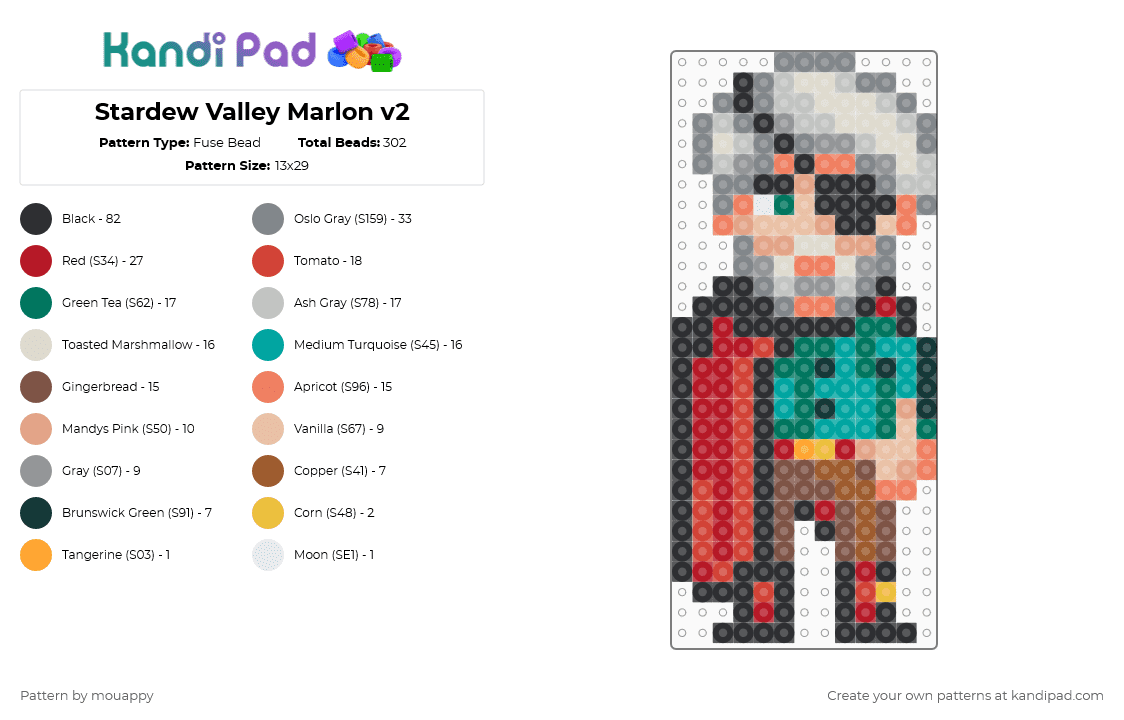 Stardew Valley Marlon v2 - Fuse Bead Pattern by mouappy on Kandi Pad - red,beige,gray,teal