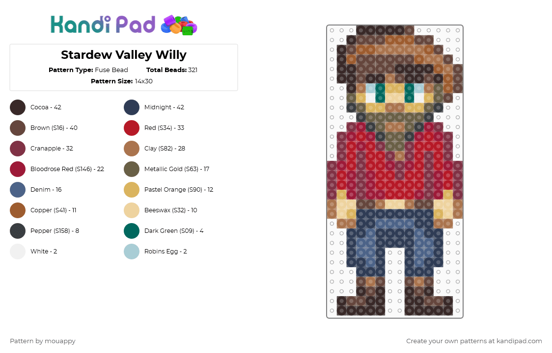 Stardew Valley Willy - Fuse Bead Pattern by mouappy on Kandi Pad - brown,tan,purple,red