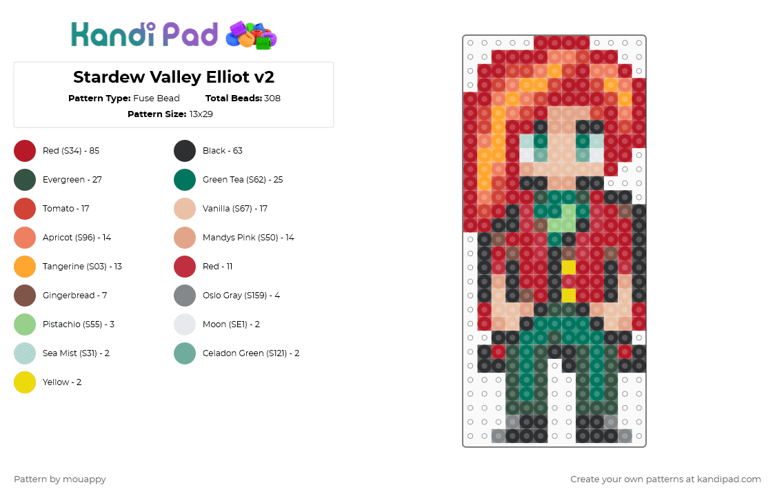 Stardew Valley Elliot v2 - Fuse Bead Pattern by mouappy on Kandi Pad - red,beige,gray,colorful