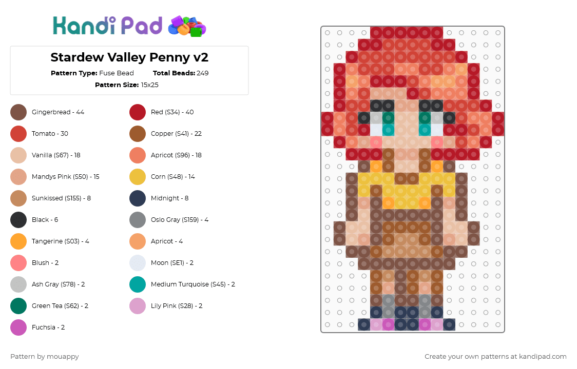 Stardew Valley Penny v2 - Fuse Bead Pattern by mouappy on Kandi Pad - red,tan,beige,orange