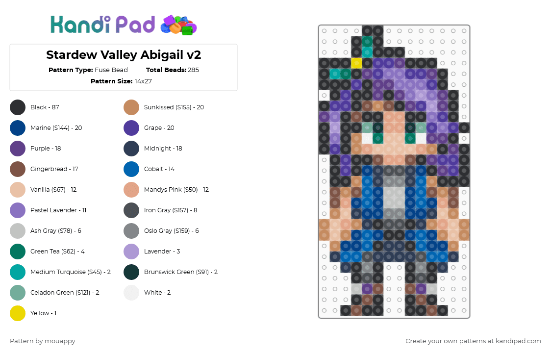 Stardew Valley Abigail v2 - Fuse Bead Pattern by mouappy on Kandi Pad - tan,purple,beige,blue