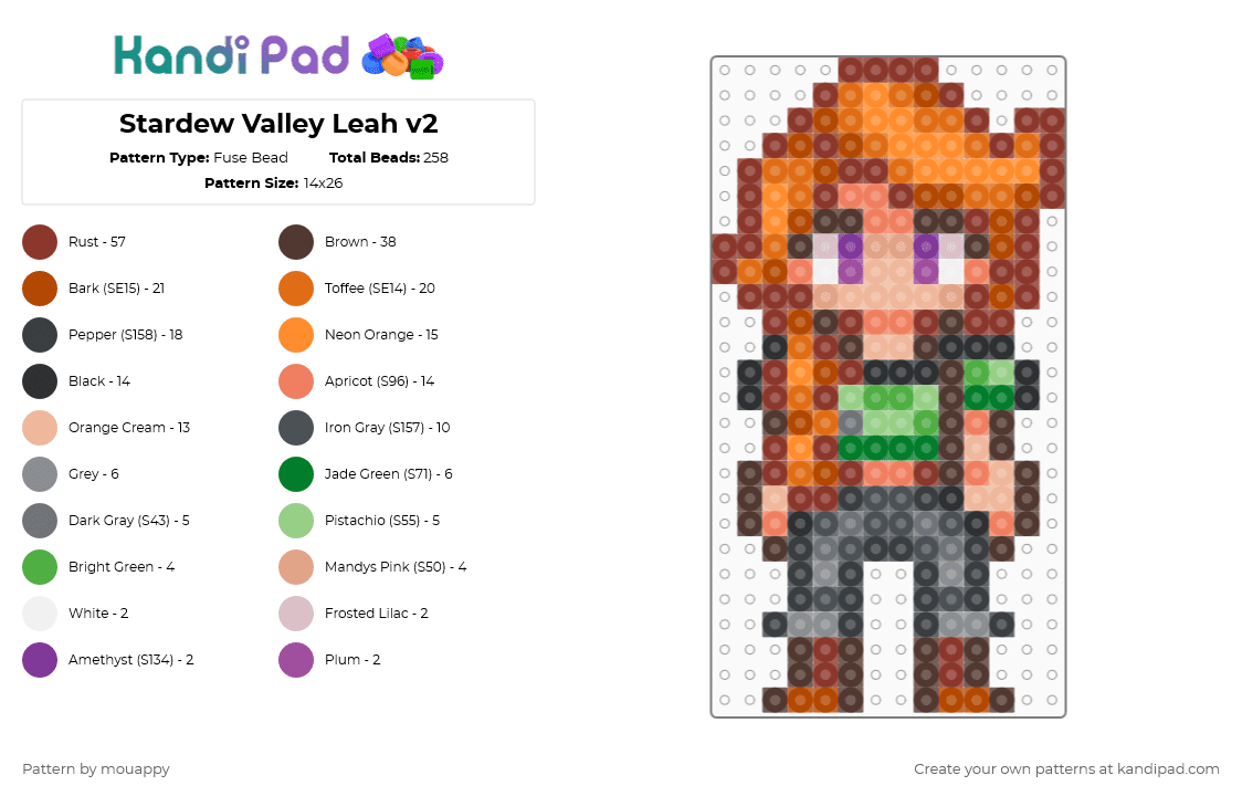 Stardew Valley Leah - Fuse Bead Pattern by mouappy on Kandi Pad - brown, orange, red