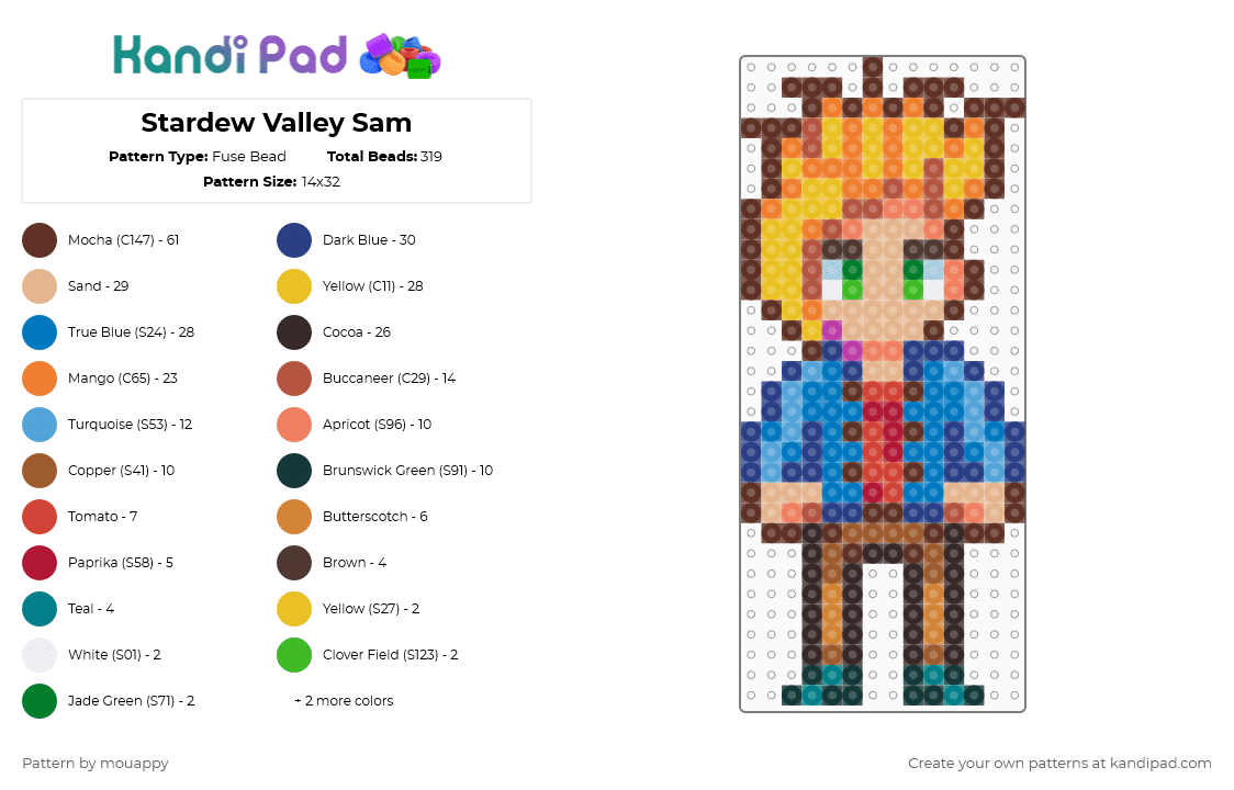 Stardew Valley Sam - Fuse Bead Pattern by mouappy on Kandi Pad - beige, brown, colorful, red