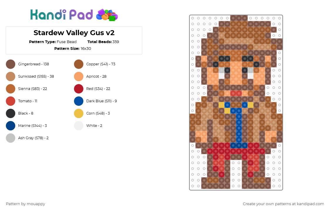 Stardew Valley Gus v2 - Fuse Bead Pattern by mouappy on Kandi Pad - tan