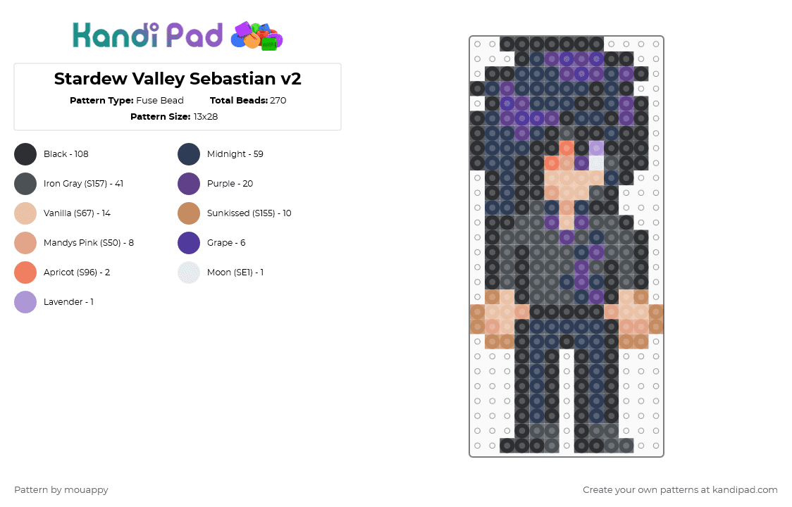Stardew Valley Sebastian v2 - Fuse Bead Pattern by mouappy on Kandi Pad - purple