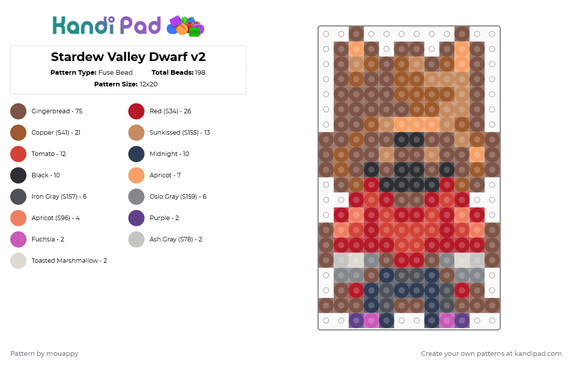 Stardew Valley Dwarf v2 - Fuse Bead Pattern by mouappy on Kandi Pad - tan,red