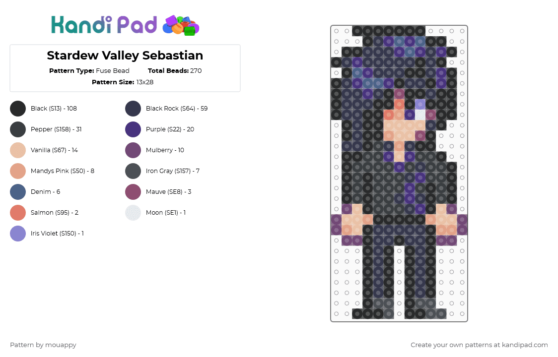 Stardew Valley Sebastian - Fuse Bead Pattern by mouappy on Kandi Pad - black, purple