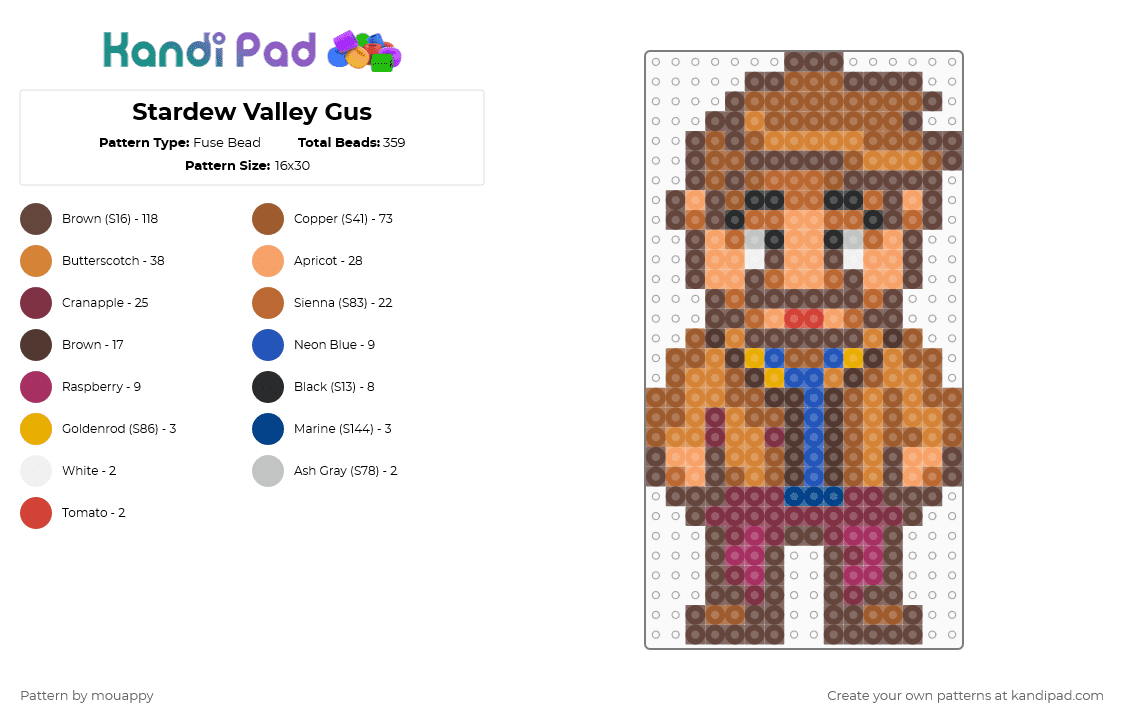 Stardew Valley Gus - Fuse Bead Pattern by mouappy on Kandi Pad - brown, orange, tan