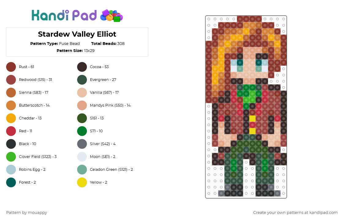 Stardew Valley Elliot - Fuse Bead Pattern by mouappy on Kandi Pad - red,brown,beige,colorful