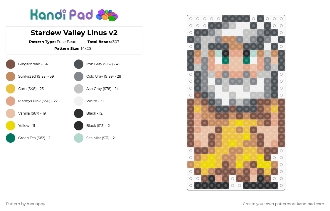 Stardew Valley Linus v2 - Fuse Bead Pattern by mouappy on Kandi Pad - tan,beige,yellow,purple