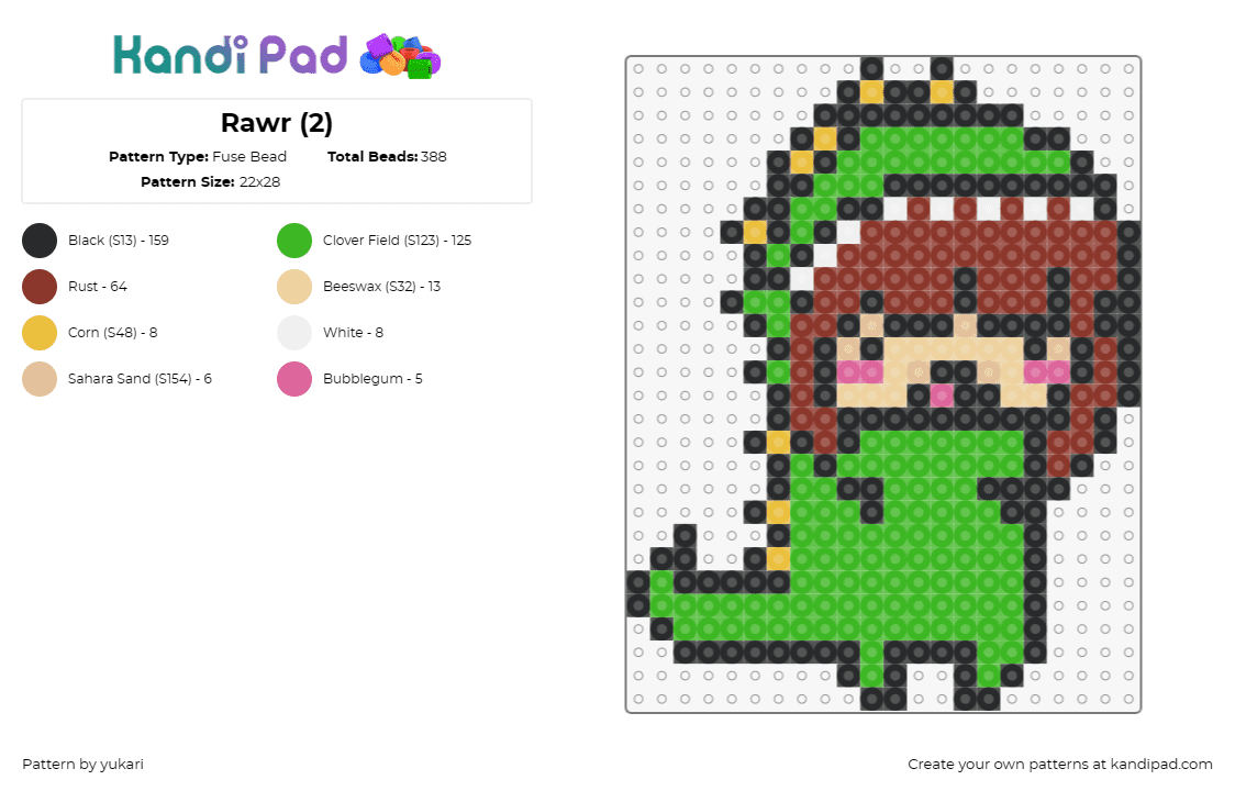 Rawr (2) - Fuse Bead Pattern by yukari on Kandi Pad - costume,dinosaur,character,playful,imagination,dress-up,green