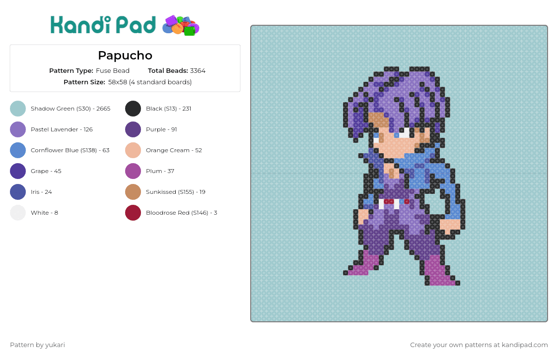 Papucho - Fuse Bead Pattern by yukari on Kandi Pad - handsome,anime,character,8bit,purple,teal