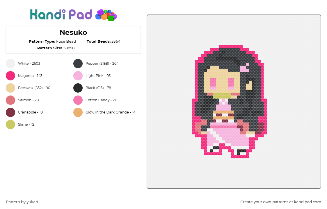 Nesuko - Fuse Bead Pattern by yukari on Kandi Pad - nezuko kamado,demon slayer,anime,character,chibi,pink,black