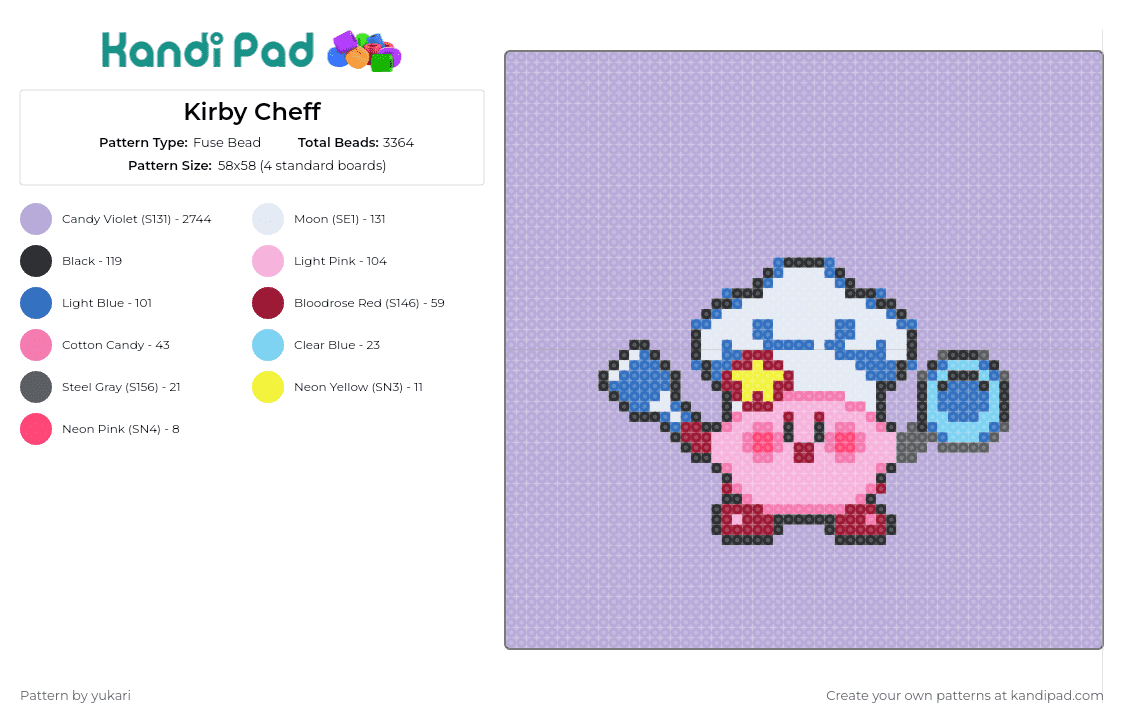 Kirby Cheff - Fuse Bead Pattern by yukari on Kandi Pad - kirby,chef,cook,nintendo,hat,cute,character,pink,white,blue