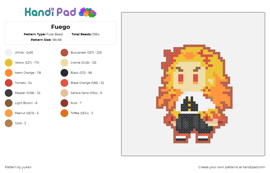 Fuego - Fuse Bead Pattern by yukari on Kandi Pad - fuego,fiery,character,chibi,anime,orange